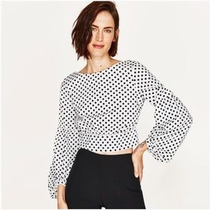 ZARA White Polka Dot Tie Back Blouse